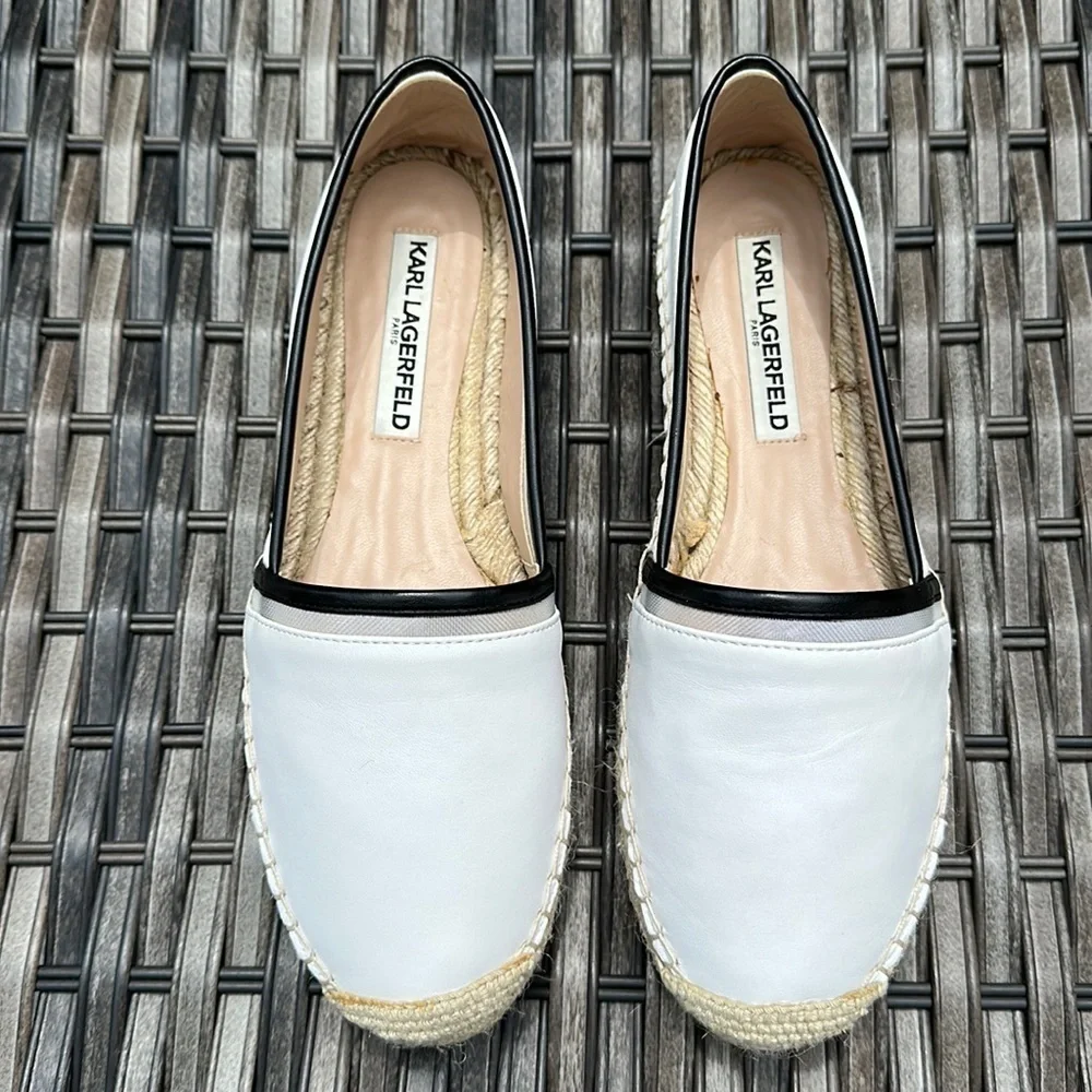 KARL LAGERFELD PARIS Alaine White/Black Nappa Leather Espadrilles